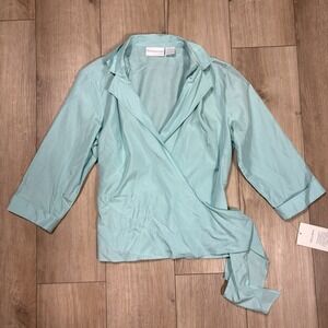 NWT Worthington Women 6 Silk Blend Blouse Wrap Tie Blue V Neck Collar 3/4 Sleeve